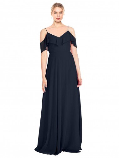 Cheap Draped Sleeves Flounce Neckline Long Chiffon Bridesmaid Dress with Spaghetti Straps Sydney