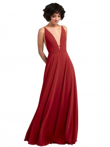 Cheap Fitted Plunging Deep V-Neck Long Chiffon Bridesmaid Dress with V-Back Sydney