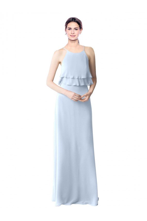 Cheap High Narrow Neck Long Chiffon Bridesmaid Dress with Tiered Ruffles Sydney