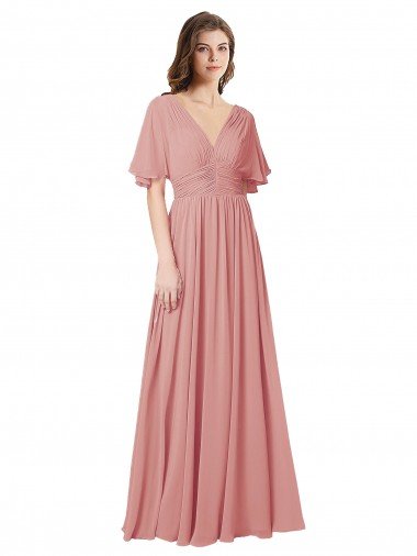 Cheap Flutter Sleeves Plunging V-Neck Boho Chiffon Bridesmaid Dress Sydney