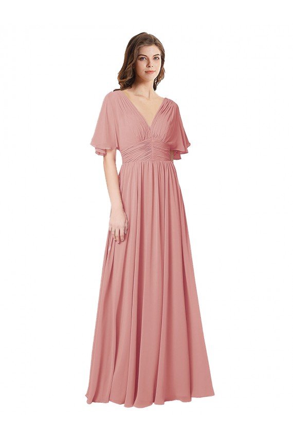 Cheap Flutter Sleeves Plunging V-Neck Boho Chiffon Bridesmaid Dress Sydney