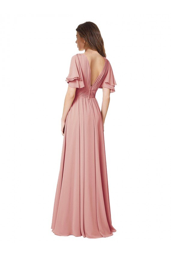 Cheap Flutter Sleeves Plunging V-Neck Boho Chiffon Bridesmaid Dress Sydney