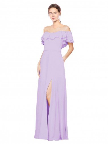 Cheap Ruffled Off the Shoulder Long Chiffon Bridesmaid Dress with Slit Sydney
