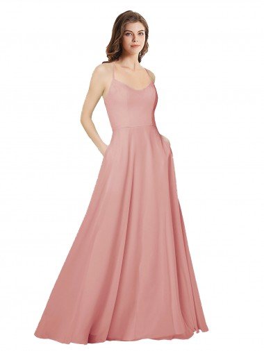Cheap Open Back Wide Tie Band Long Chiffon Bridesmaid Dress with Pockets Sydney