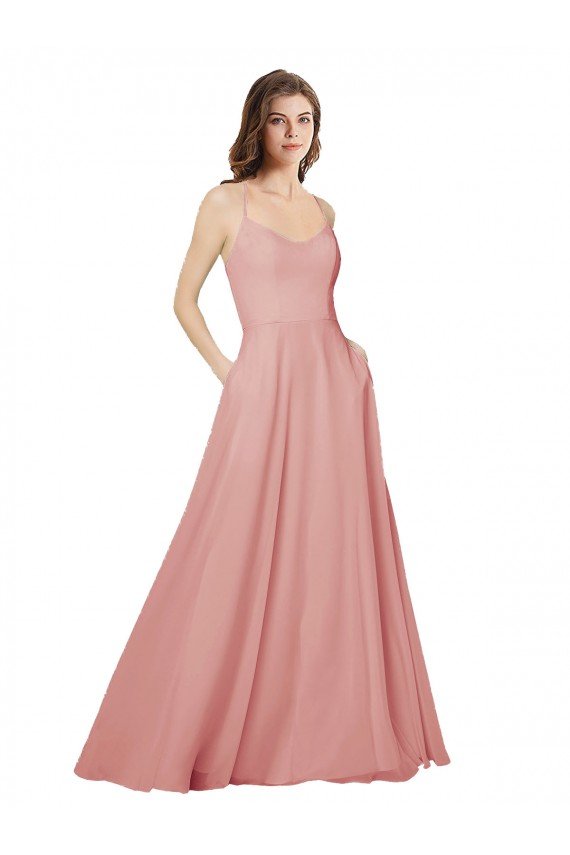 Cheap Open Back Wide Tie Band Long Chiffon Bridesmaid Dress with Pockets Sydney