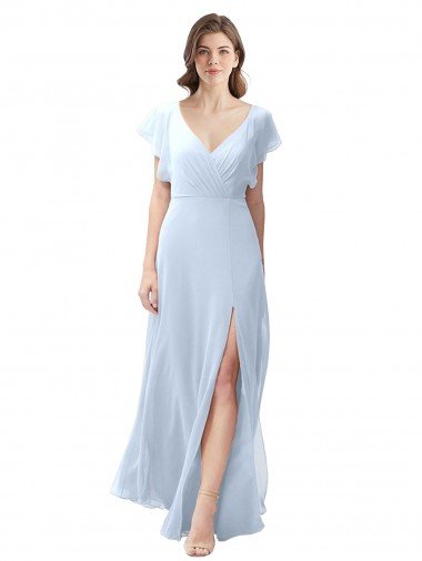 Cheap Flutter Sleeves Long Chiffon Bridesmaid Dress with Daring Open Back and Side Slit Sydney