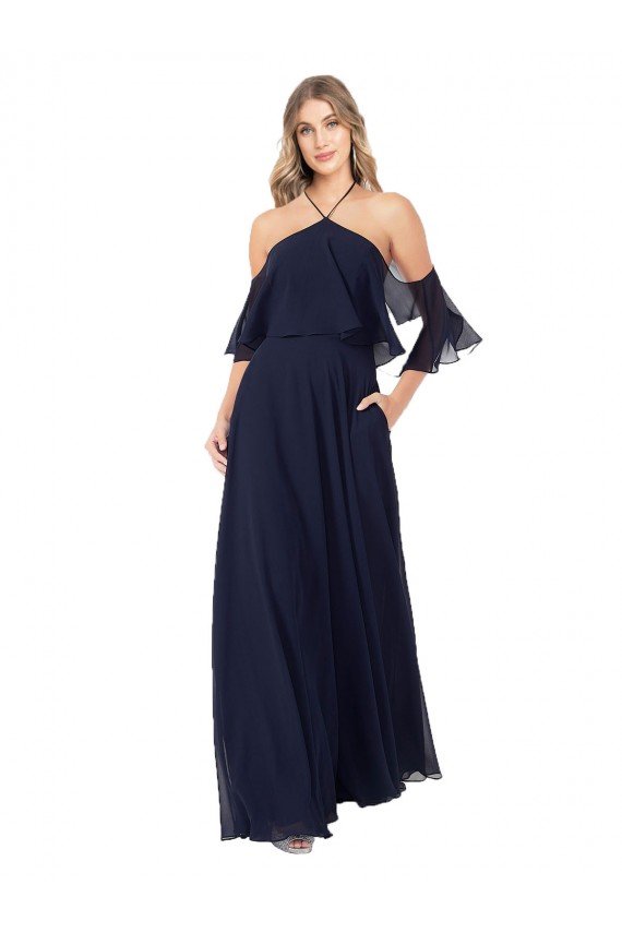 Cheap Halter Neck Cold Shoulder Flutter Sleeves Bridesmaid Dress Sydney