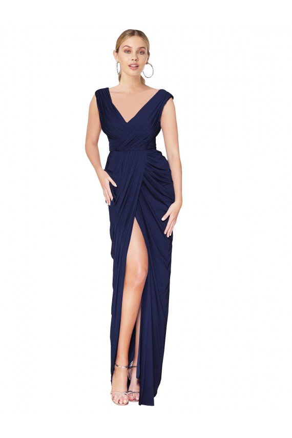 Cheap Draped V-Neck Long Chiffon Bridesmaid Dress / Formal Prom Dress with Front Slit Sydney