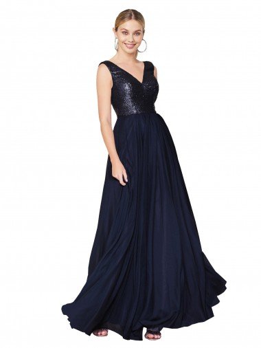 Cheap High Neck V-Neck Long Chiffon Bridesmaid Dress / Prom Dress with Sequin Top Sydney