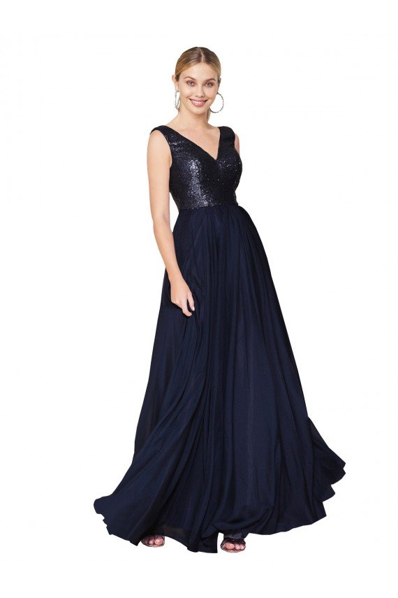 Cheap High Neck V-Neck Long Chiffon Bridesmaid Dress / Prom Dress with Sequin Top Sydney