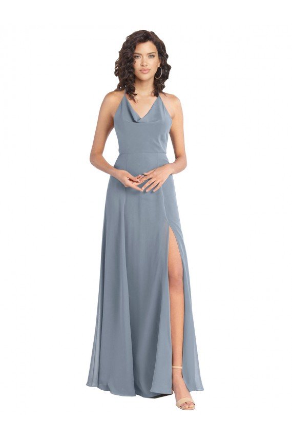 Cheap Slim A-Line Cowl Neck Long Chiffon Bridesmaid Dress with Side High Slit Sydney