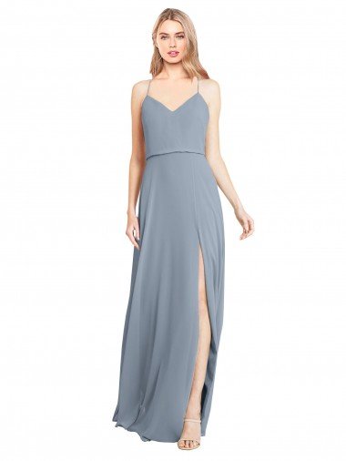 Cheap Spaghetti Straps V-Neckline Long Chiffon Bridesmaid Dress with High Slit Sydney