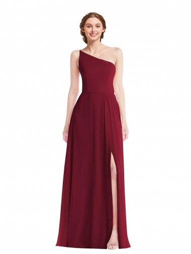 Cheap One Shoulder Chiffon Maxi Bridesmaid Dress with Shirred Front Slit Sydney