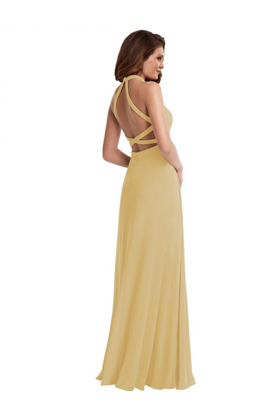 Cheap Stand Collar Halter Maxi Bridesmaid Dress with Criss Cross Open Back Sydney