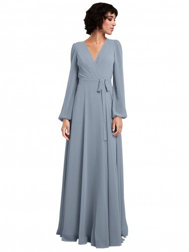 Cheap Wrap Style Long Sleeves Chiffon Bridesmaid Dress with Pleated Bodice Sydney
