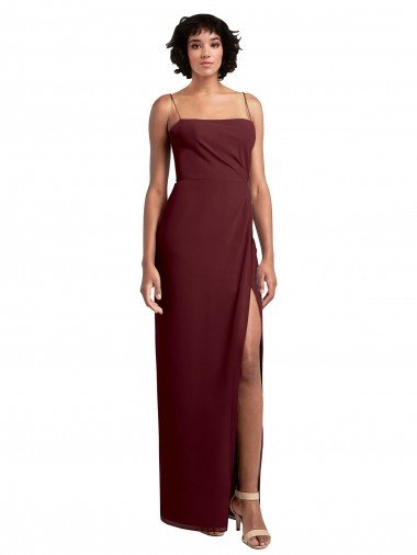 Cheap Sleek Straight Neckline Chiffon Bridesmaid Dress with Spaghetti Straps and High Side Slit Sydney
