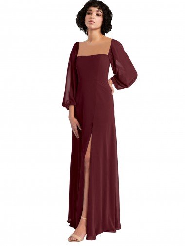 Cheap Sheer Long Sleeves Chiffon Bridesmaid Dress with High Slit Sydney