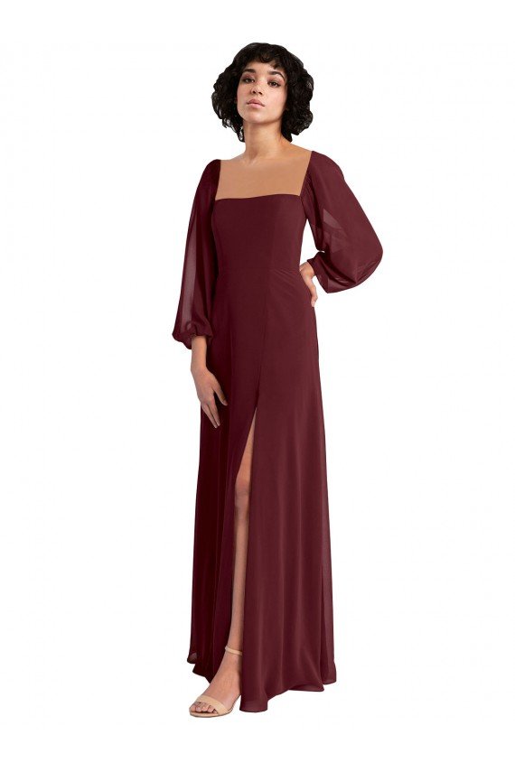 Cheap Sheer Long Sleeves Chiffon Bridesmaid Dress with High Slit Sydney