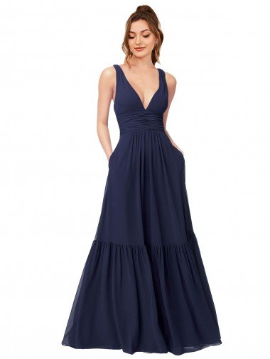 Cheap Floor Length Deep V-Neck Ruched Chiffon Long Bridesmaid Dress Sydney