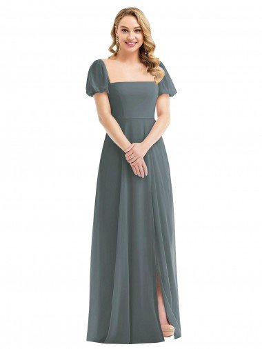Cheap Puff Sleeves Chiffon Maxi Bridesmaid Dress with Front Slit Sydney