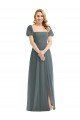 Cheap Puff Sleeves Chiffon Maxi Bridesmaid Dress with Front Slit Sydney
