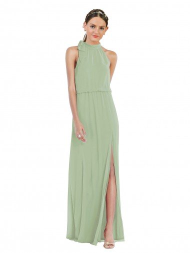 Cheap High Neck Scarf Tie Blouson Bodice Maxi Bridesmaid Dress with Front Slit Sydney