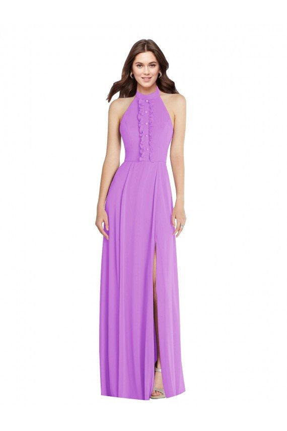 Cheap Halter Backless Maxi Formal Bridesmaid Dress with Button Ruffle Placket Sydney