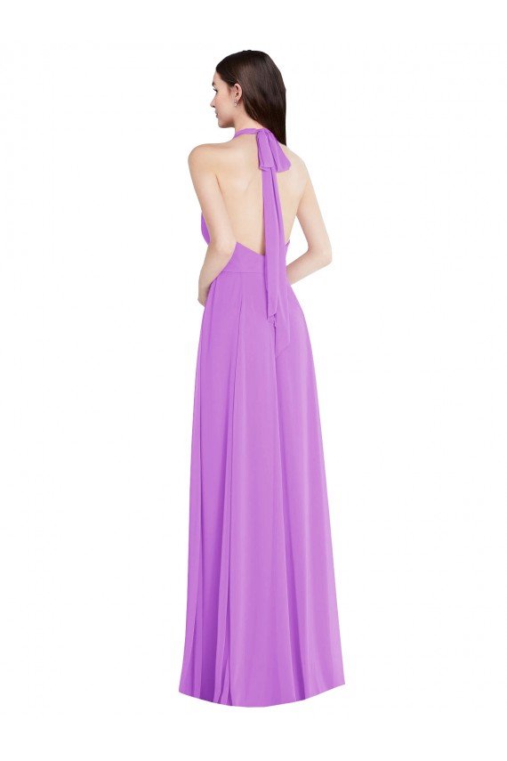 Cheap Halter Backless Maxi Formal Bridesmaid Dress with Button Ruffle Placket Sydney