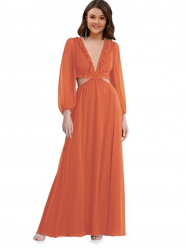 Cheap High Low Ruffled Long Chiffon Cutout Bishop Sleeves Maxi Bridesmaid Dress Sydney