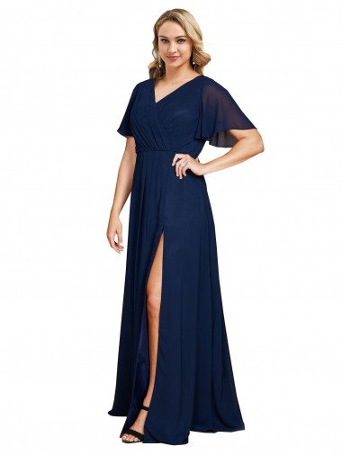 Cheap Chiffon V-Neck Short Sleeves Long Formal Bridesmaid Dress / Prom Dress with High Slit Sydney