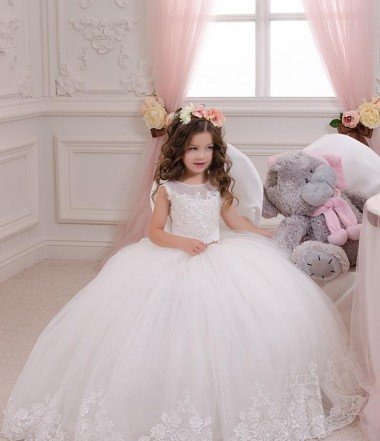 Cheap Ivory Ball Gown Bateau Neck Chapel Train Sleeveless Flower Girl Dress Sydney