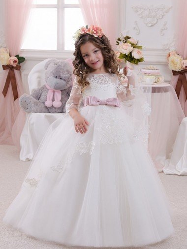 Cheap Ivory Ball Gown Bateau Neck Long Chapel Train Sleeveless Flower Girl Dress Sydney