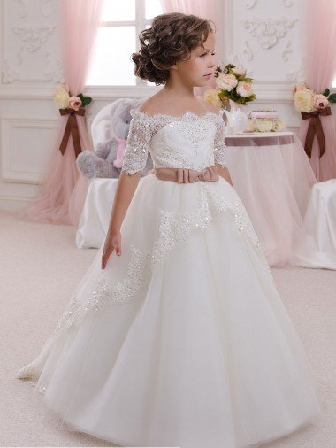 Cheap Ivory Ball Gown High Neck Floor Length Short Sleeve Flower Girl Dress Sydney