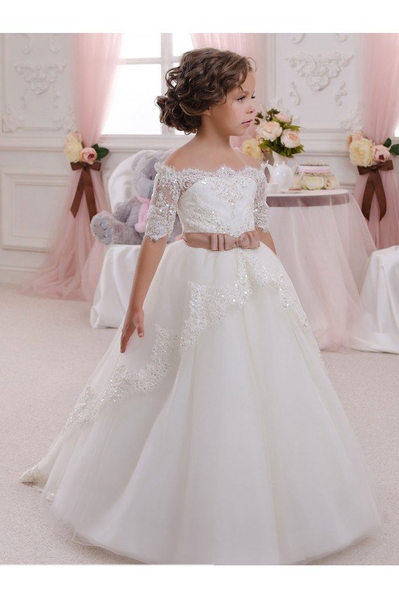 Cheap Ivory Ball Gown High Neck Floor Length Short Sleeve Flower Girl Dress Sydney