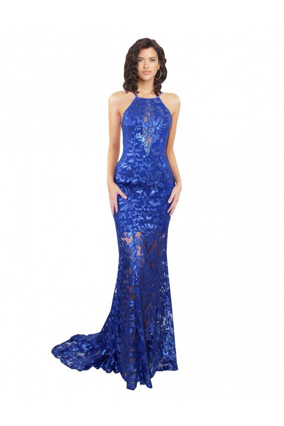 Cheap High Neck Long Open Back Lace Bridesmaid Dress / Prom Dress with Train Sydney