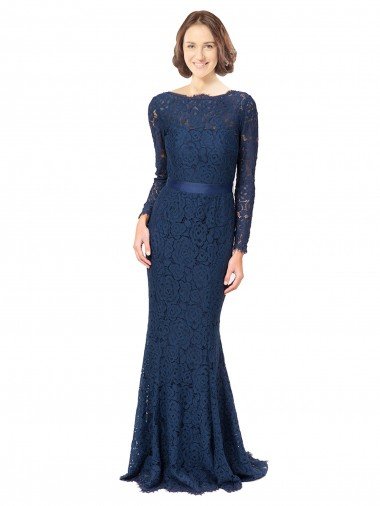 Cheap Long Sleeves Floor Length Vintage Lace Bridesmaid Dress with Deep V-Back Sydney