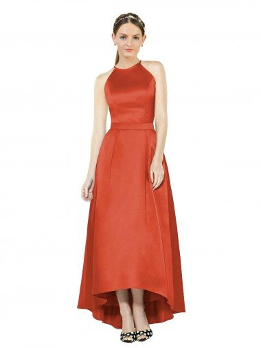 Cheap Full Length Halter Satin Bridesmaid Dress with Hi-Low Hem Detail Sydney