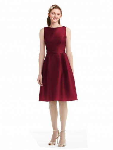 Cheap Short Midi Length Satin Cocktail Bridesmaid Dress with Bateau Neckline and V-Back Sydney