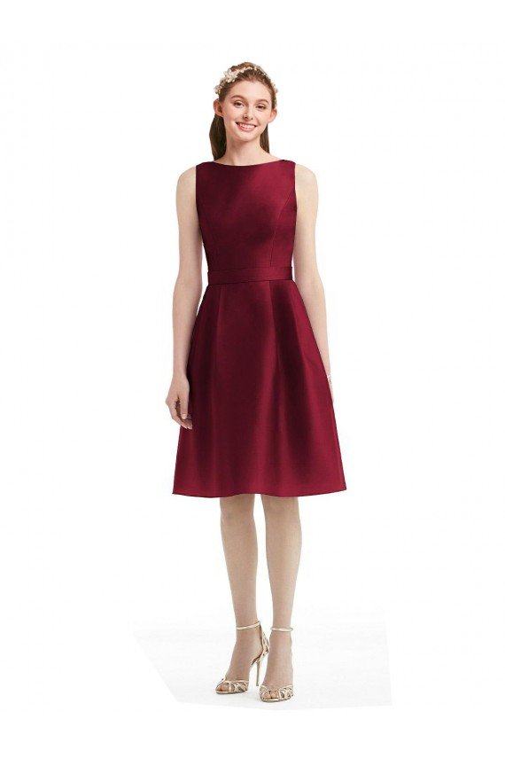 Cheap Short Midi Length Satin Cocktail Bridesmaid Dress with Bateau Neckline and V-Back Sydney