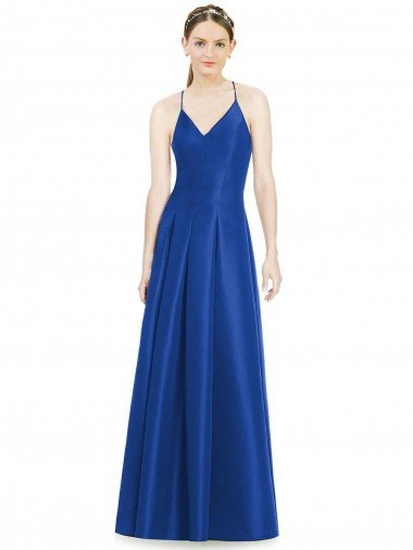 Cheap Full Pleated V-Neck Long Satin Bridesmaid Dress with Criss Cross Open Back Sydney