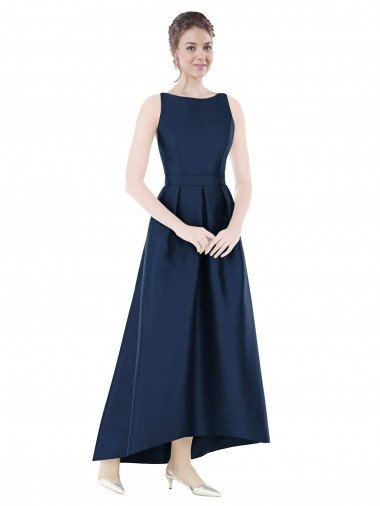 Cheap Full Length Sleeveless Long Satin Bridesmaid Dress with High Low Hem Detail Sydney