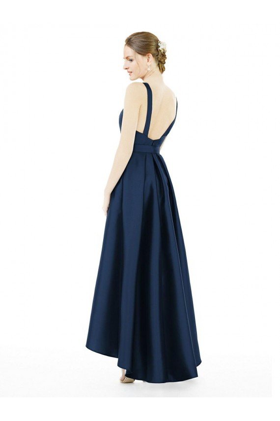 Cheap Full Length Sleeveless Long Satin Bridesmaid Dress with High Low Hem Detail Sydney