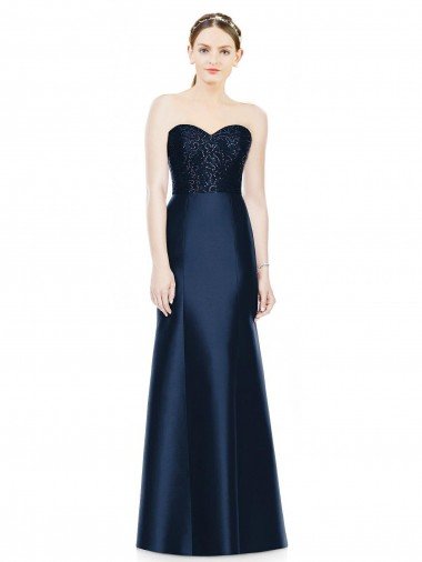 Cheap Full Length Strapless Satin Bridesmaid Dress with Lace Sweetheart Neckline Sydney