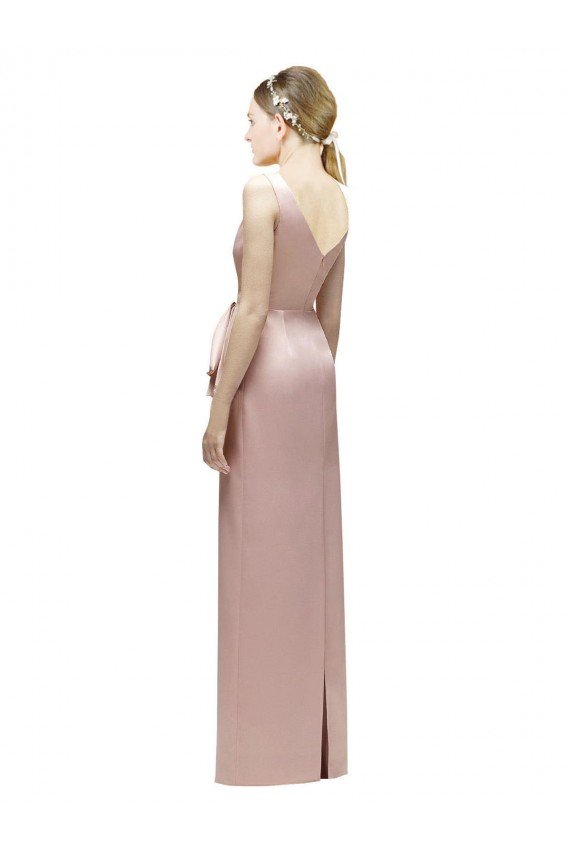 Cheap Sleeveless V-Neck Long Satin Bridesmaid Dress with Draped Bodice and Tiered Bow Sydney