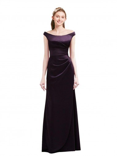 Cheap Off The Shoulder Long Satin Bridesmaid Dress with Asymmetrical Pleated Bodice Sydney