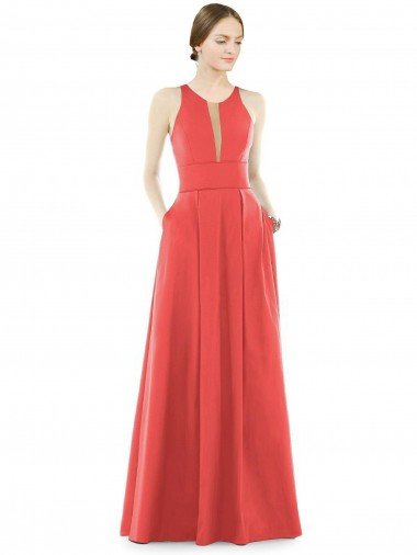 Cheap Sheer V-Neck Tulle Illusion Long Satin Bridesmaid Dress Sydney