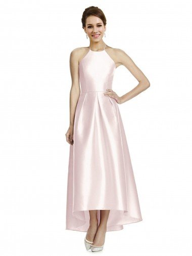Cheap Long High-Low Halter Satin Bridesmaid Dress with Criss-Cross Back Sydney