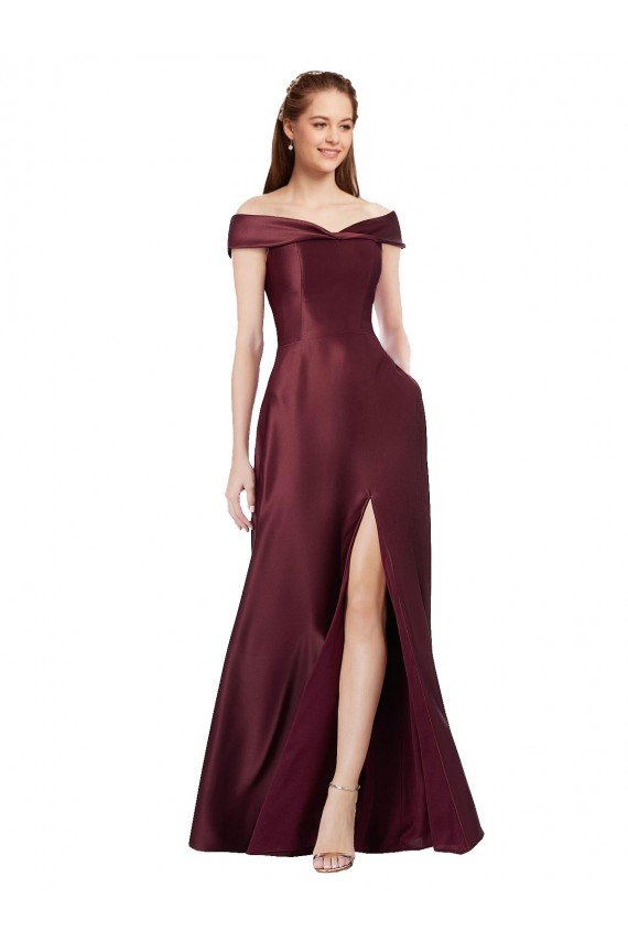 Cheap Long Off the Shoulder Formal Satin Bridesmaid Dress / Prom Dress with Thigh-high Slit Sydney