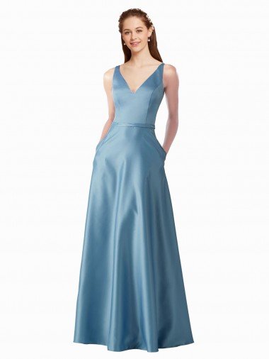Cheap Classic Satin V-Neck A-Line Bridesmaids Dress with Pockets Sydney
