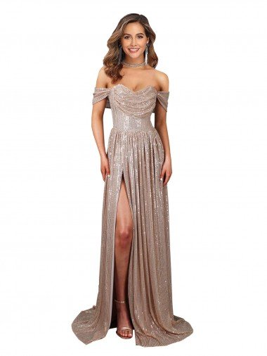 Cheap Strapless Scoop Neck Off the Shoulder Long Formal Sequin Bridesmaid Dress / Prom Dress with High Slit Sydney